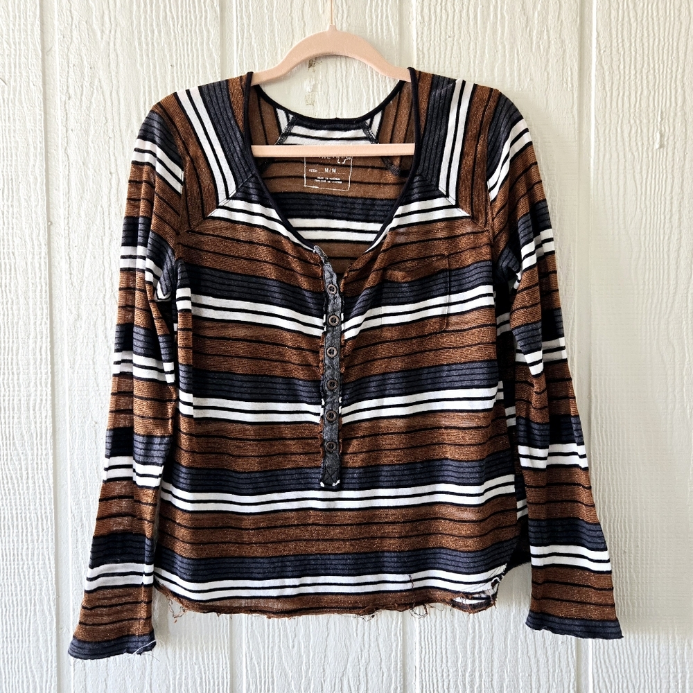 We The Free People Striped Button Front Long Sleeve Tee Brown White Black Medium